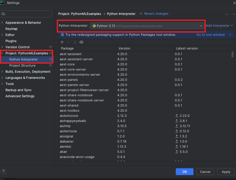 Sélection de l'interpréteur Anaconda